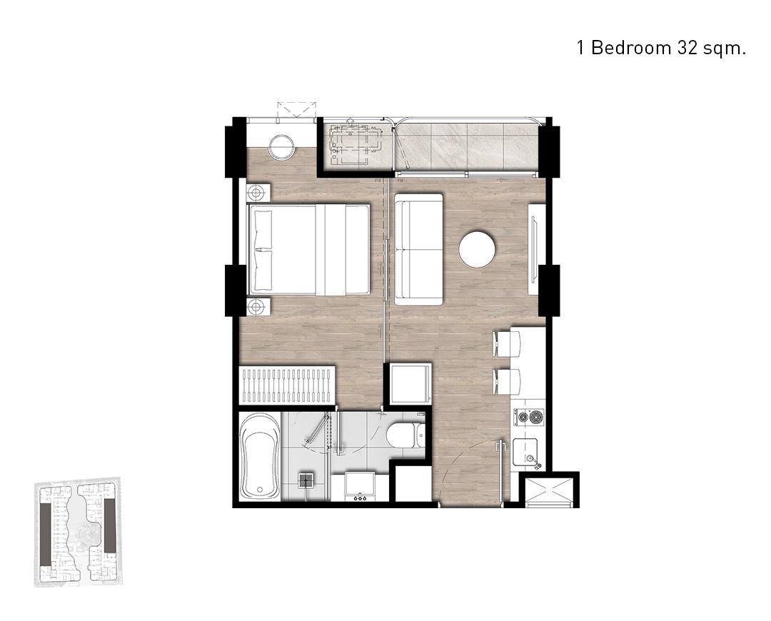 1 BEDROOM 32 sq m.