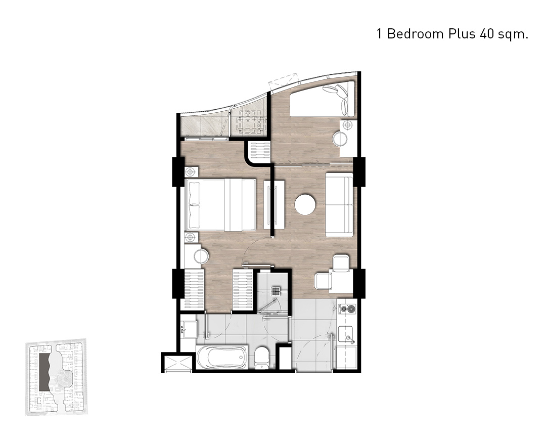 1 BEDROOM PLUS 40 SQ M.