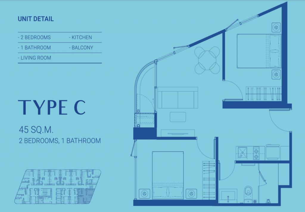 TYPE C 45 SQ.M. 2 BEDROOMS, 1 BATHROOMS