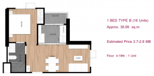 1 Bedroom Type B 38.99 sq.m.