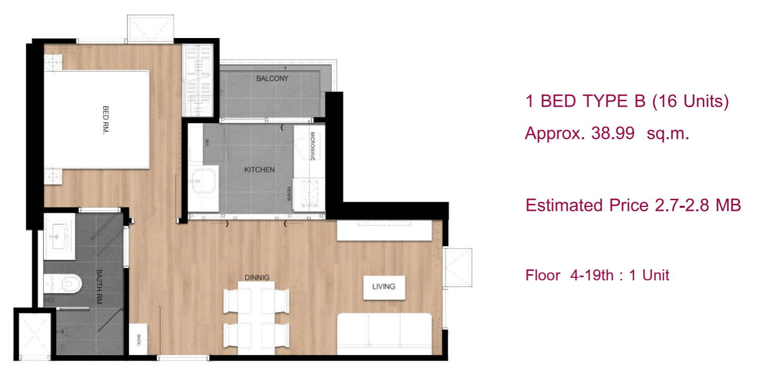 1 Bedroom Type B 38.99 sq.m.