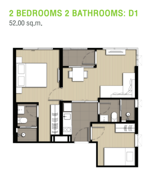 2 BEDROOMS 2 BATHROOMS D1 52.00 SQ.M.