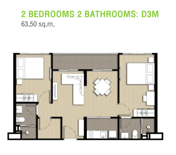 2 BEDROOMS 2 BATHROOMS D3M 63.50 SQ.M.