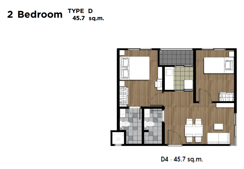 2 bedrooms Type D 45.7 sq.m.